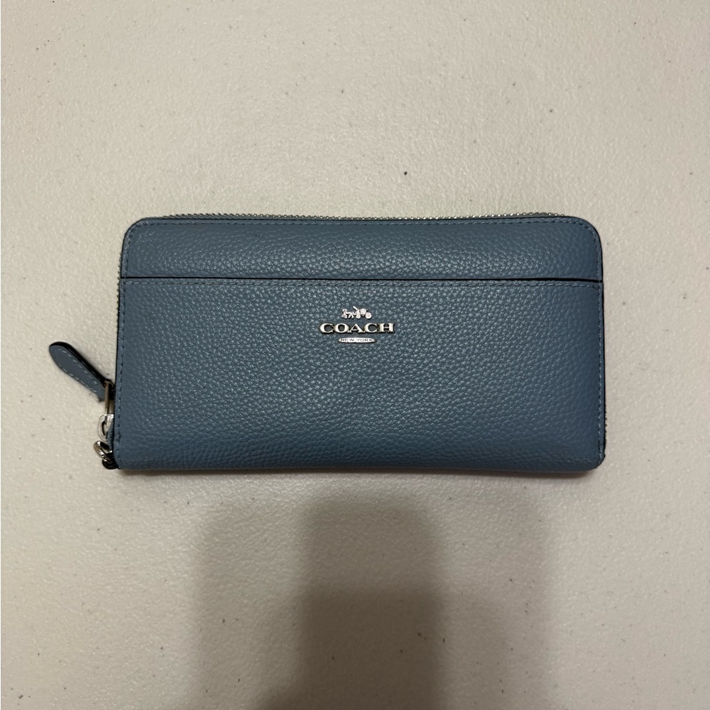 Coach Blue Zip Around Pebbled Leather Wallet